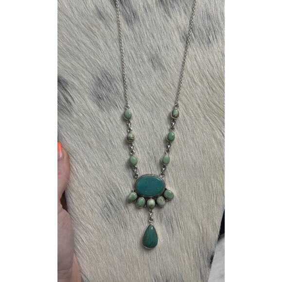 Native American Sterling Silver Turquoise & Variscite Cluster Necklace Lariat